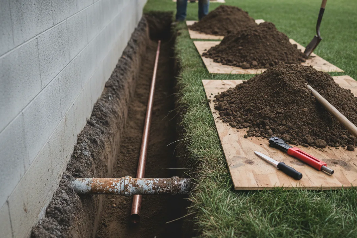 Excavated water line trench during Sewer Line Repair in Prairie View